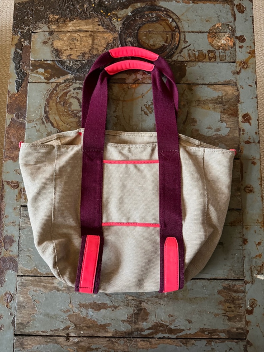 GAP Canvas Tote with Tan Canvas Body and Burgundy Straps, Hot Pink Trim